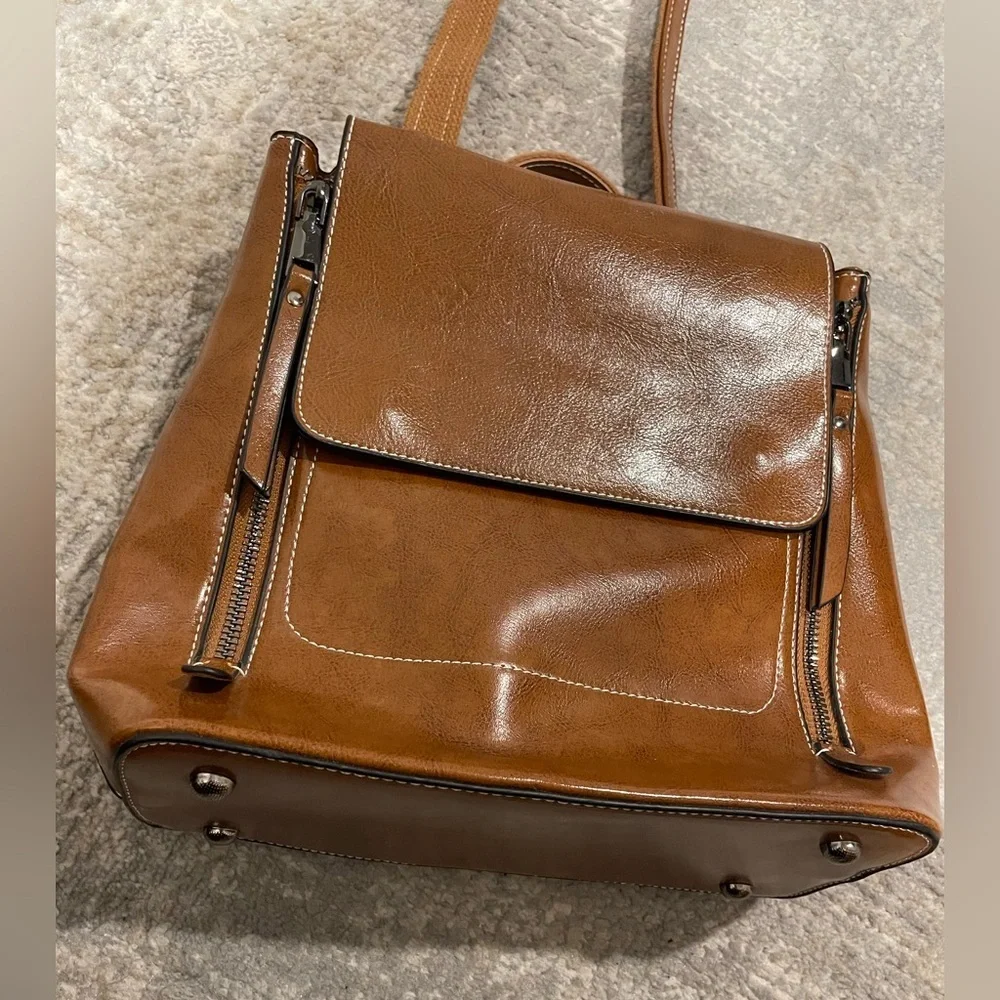 Top Grain Leather Womens Backpack Retro Style Rucksack Shoulder Bag Carmel Brown - Picture 2 of 12